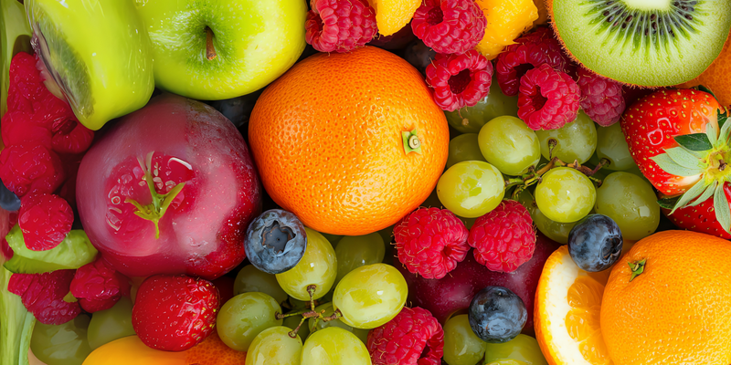Assorted fruits including strawberries, blueberries, oranges, and apples on a colorful background.
